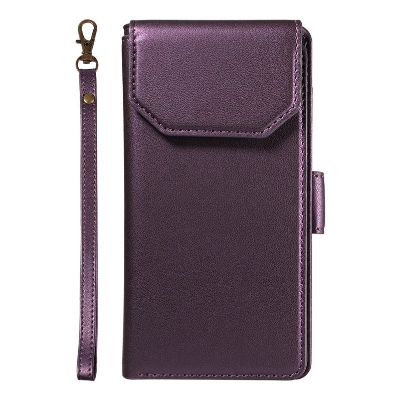 For iPhone 14 Pro Case with Multi-Card Holder and Strap PU Leather Phone Cover Stand - Purple