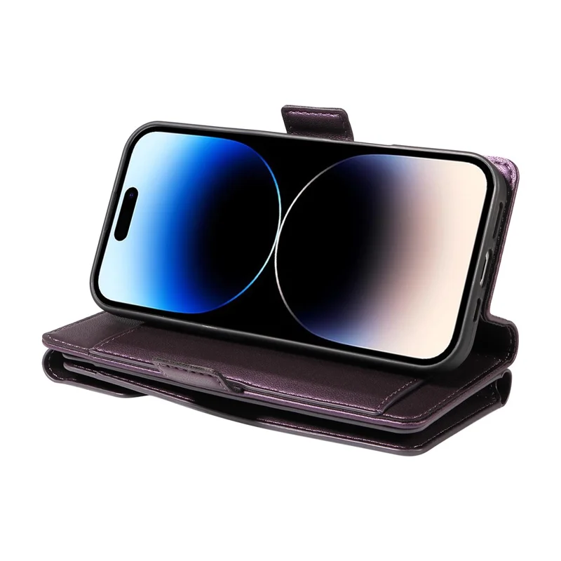 For iPhone 14 Pro Max Case with Multi-Card Holder and Strap PU Leather Phone Cover Stand - Purple