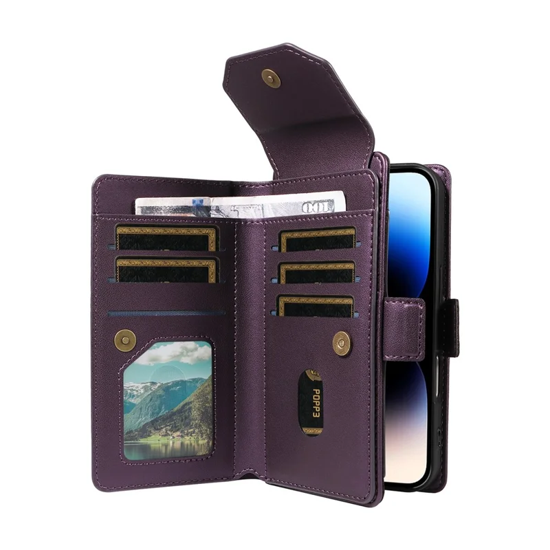 For iPhone 14 Pro Max Case with Multi-Card Holder and Strap PU Leather Phone Cover Stand - Purple