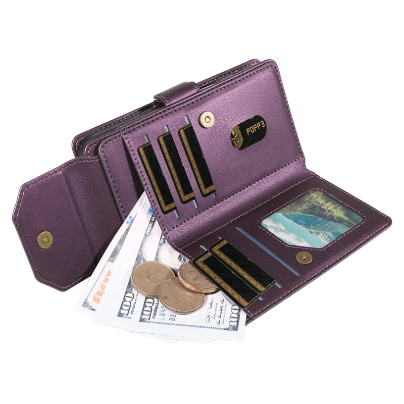 For iPhone 14 Pro Max Case with Multi-Card Holder and Strap PU Leather Phone Cover Stand - Purple