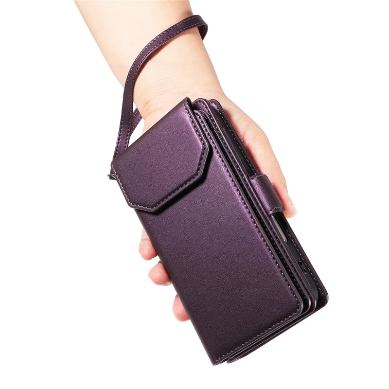 For iPhone 14 Pro Max Case with Multi-Card Holder and Strap PU Leather Phone Cover Stand - Purple