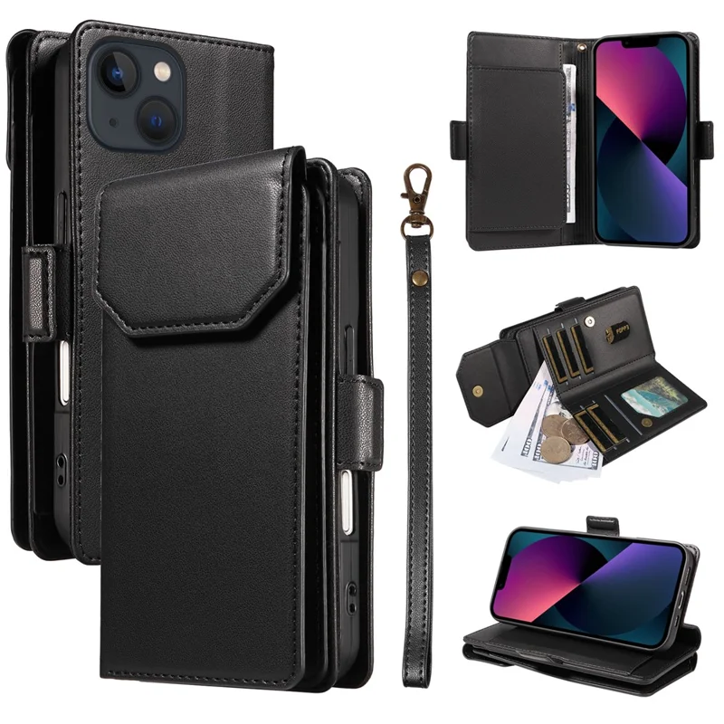 For iPhone 14 Plus Case with Multi-Card Holder and Strap PU Leather Phone Cover Stand - Black