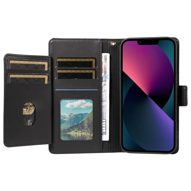 For iPhone 14 Plus Case with Multi-Card Holder and Strap PU Leather Phone Cover Stand - Black