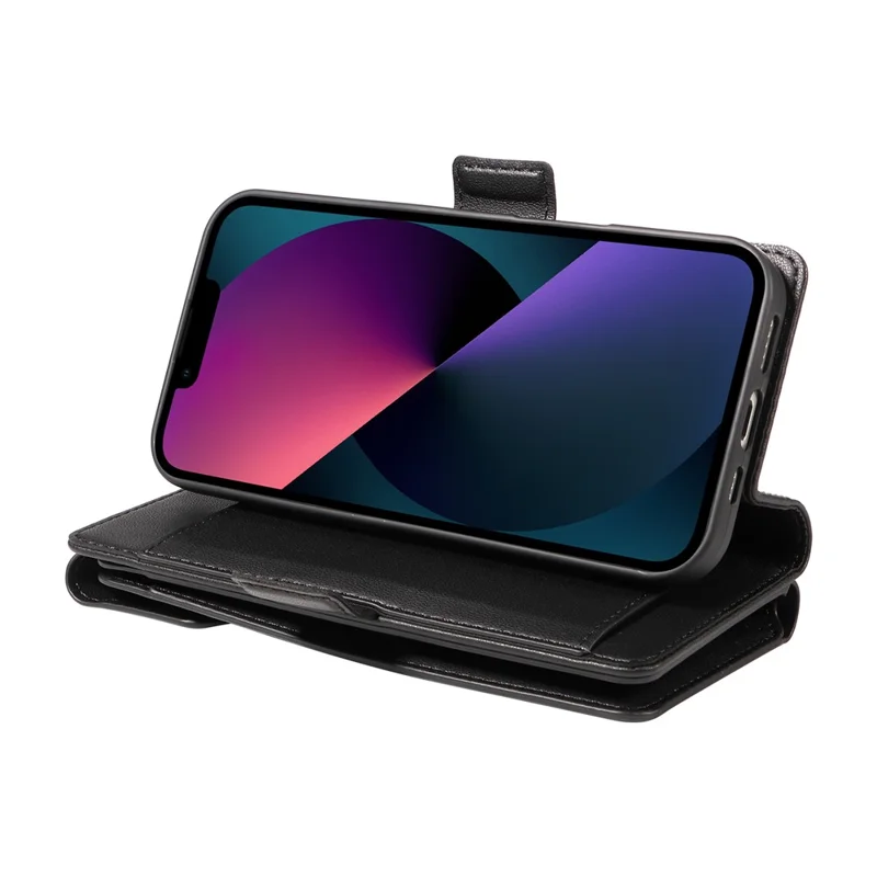 For iPhone 14 Plus Case with Multi-Card Holder and Strap PU Leather Phone Cover Stand - Black