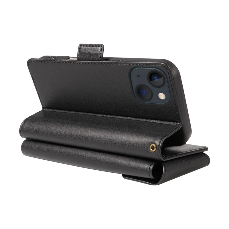 For iPhone 14 Plus Case with Multi-Card Holder and Strap PU Leather Phone Cover Stand - Black