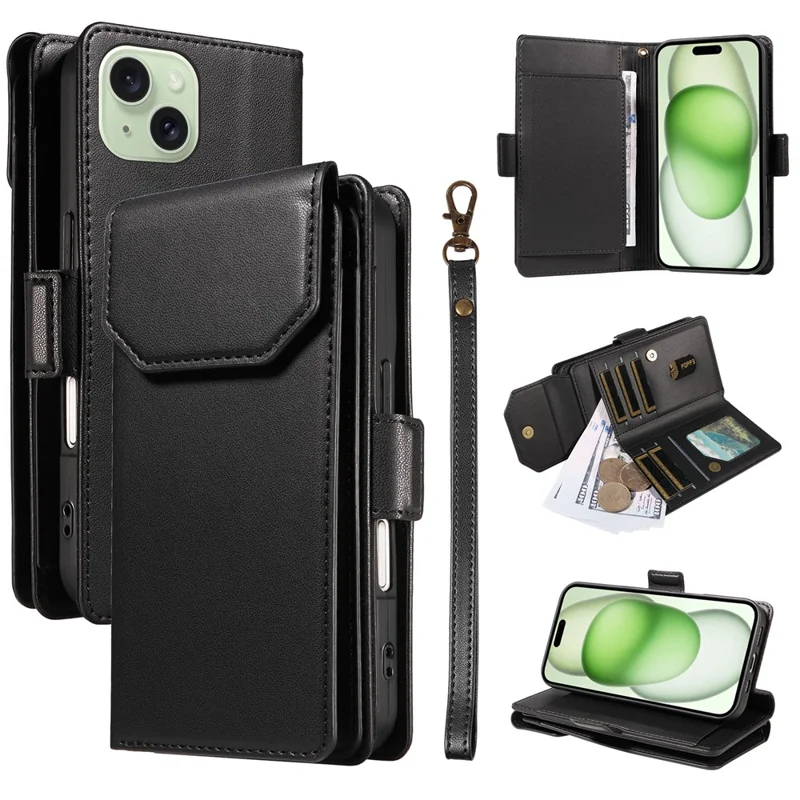 For iPhone 15 Case with Multi-Card Holder and Strap PU Leather Phone Cover Stand  - Black
