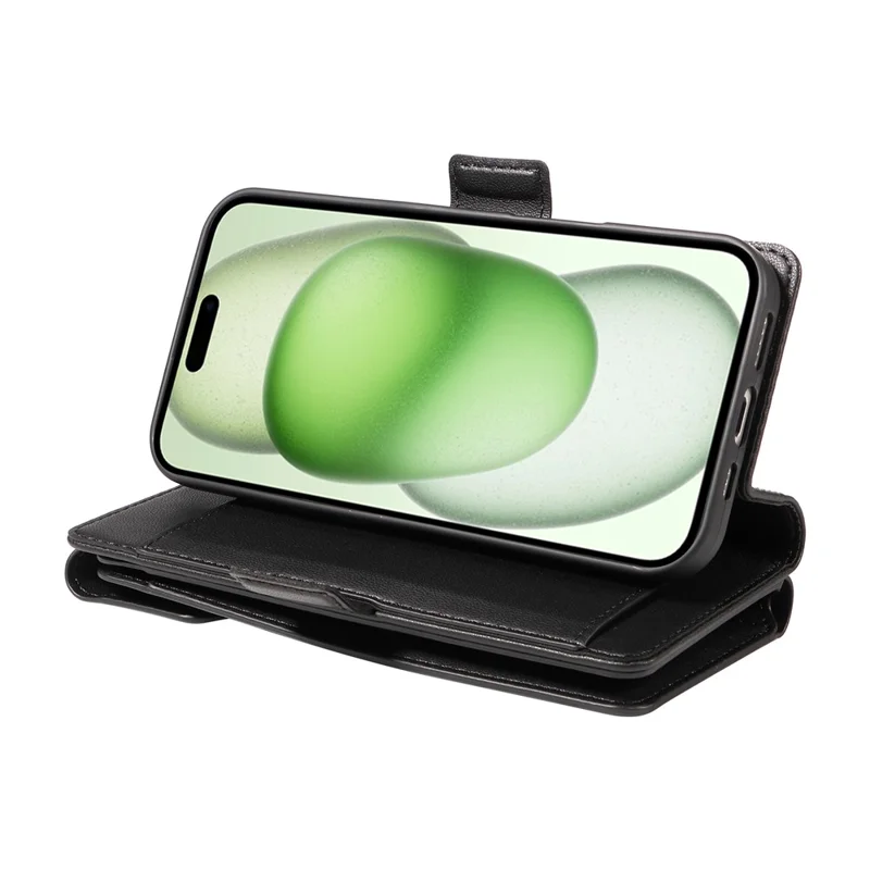For iPhone 15 Case with Multi-Card Holder and Strap PU Leather Phone Cover Stand  - Black