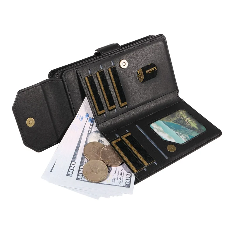 For iPhone 15 Case with Multi-Card Holder and Strap PU Leather Phone Cover Stand  - Black