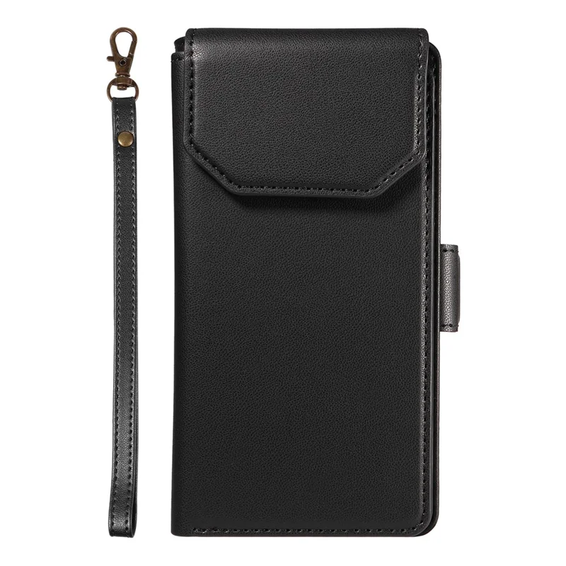 For iPhone 15 Case with Multi-Card Holder and Strap PU Leather Phone Cover Stand  - Black