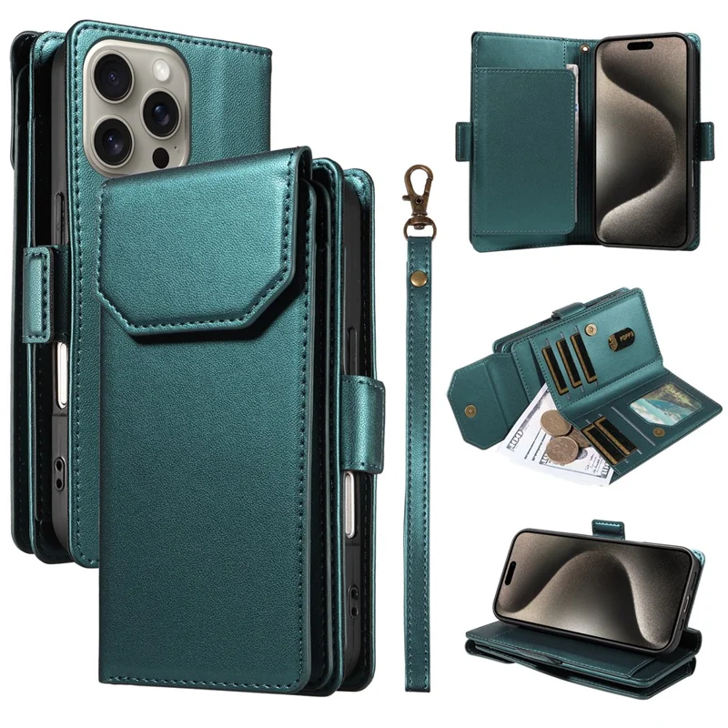 For iPhone 15 Pro Case with Multi-Card Holder and Strap PU Leather Phone Cover Stand - Green