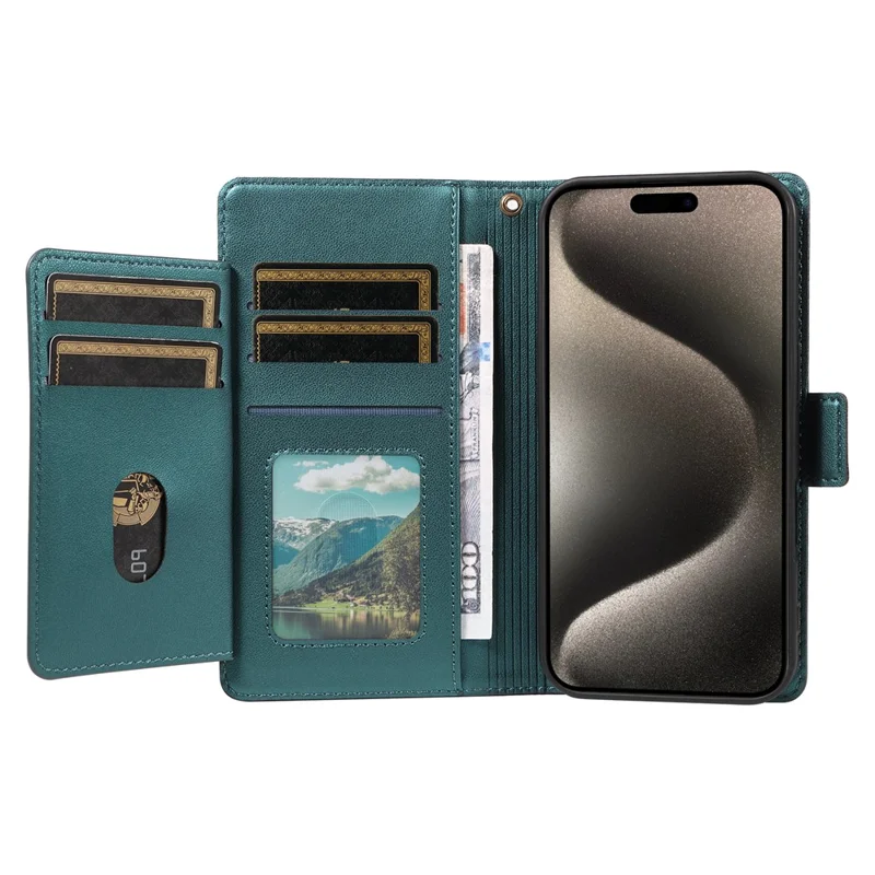 For iPhone 15 Pro Case with Multi-Card Holder and Strap PU Leather Phone Cover Stand - Green