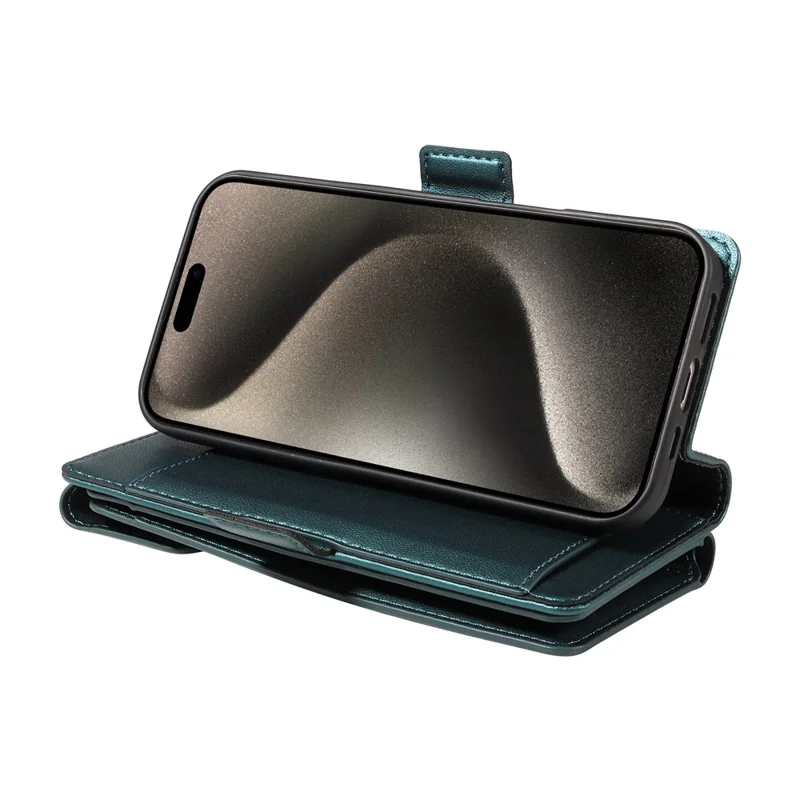For iPhone 15 Pro Case with Multi-Card Holder and Strap PU Leather Phone Cover Stand - Green