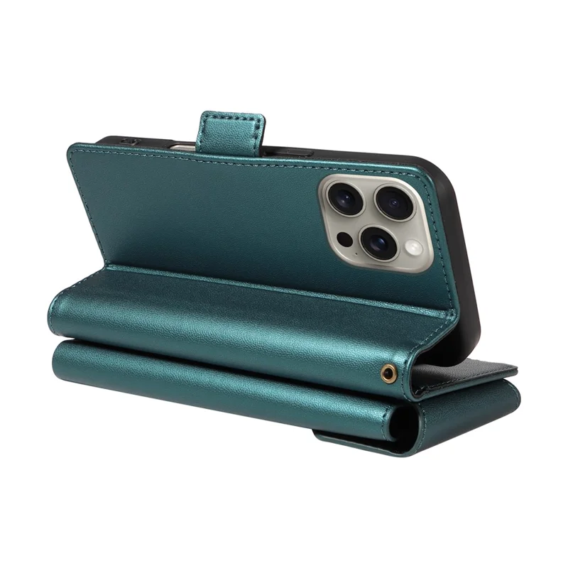 For iPhone 15 Pro Case with Multi-Card Holder and Strap PU Leather Phone Cover Stand - Green