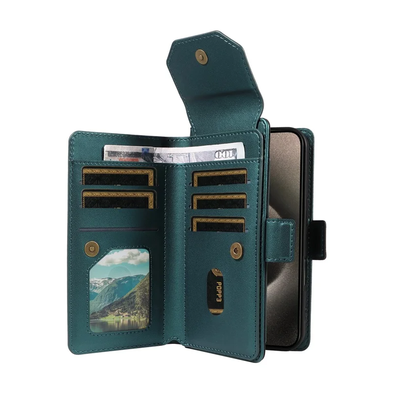 For iPhone 15 Pro Case with Multi-Card Holder and Strap PU Leather Phone Cover Stand - Green