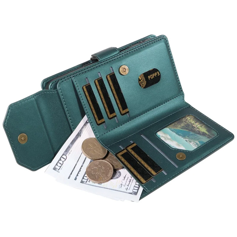 For iPhone 15 Pro Case with Multi-Card Holder and Strap PU Leather Phone Cover Stand - Green
