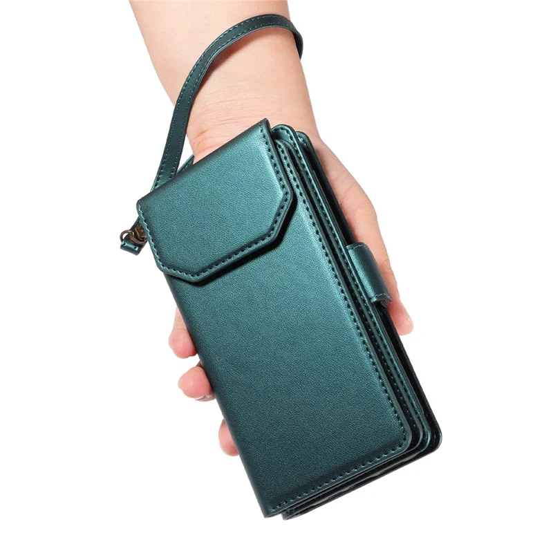 For iPhone 15 Pro Case with Multi-Card Holder and Strap PU Leather Phone Cover Stand - Green