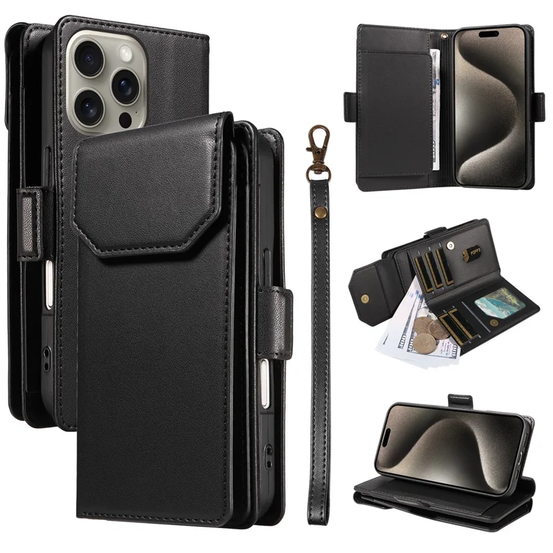 For iPhone 15 Pro Max Case with Multi-Card Holder and Strap PU Leather Phone Cover Stand - Black
