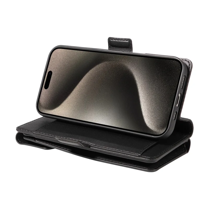 For iPhone 15 Pro Max Case with Multi-Card Holder and Strap PU Leather Phone Cover Stand - Black