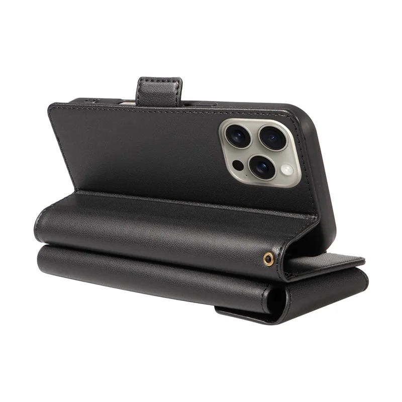 For iPhone 15 Pro Max Case with Multi-Card Holder and Strap PU Leather Phone Cover Stand - Black