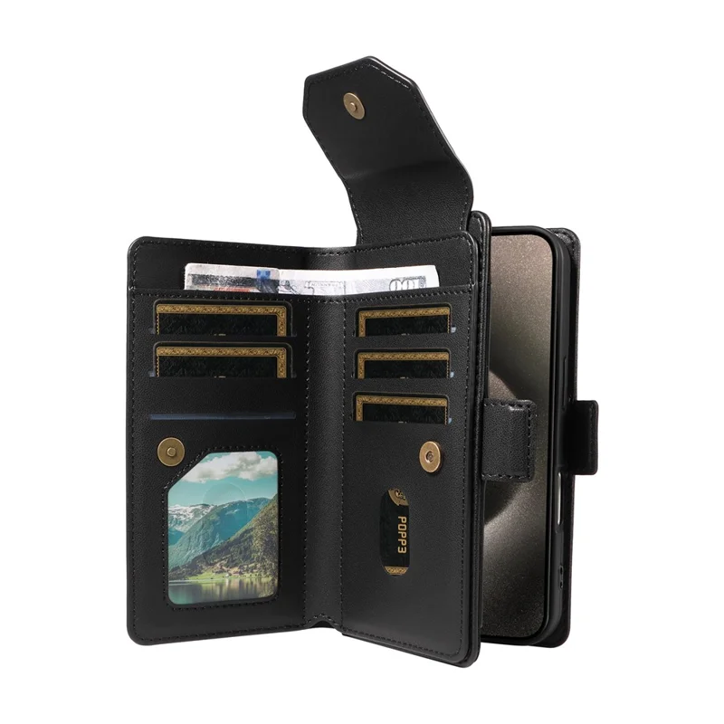 For iPhone 15 Pro Max Case with Multi-Card Holder and Strap PU Leather Phone Cover Stand - Black