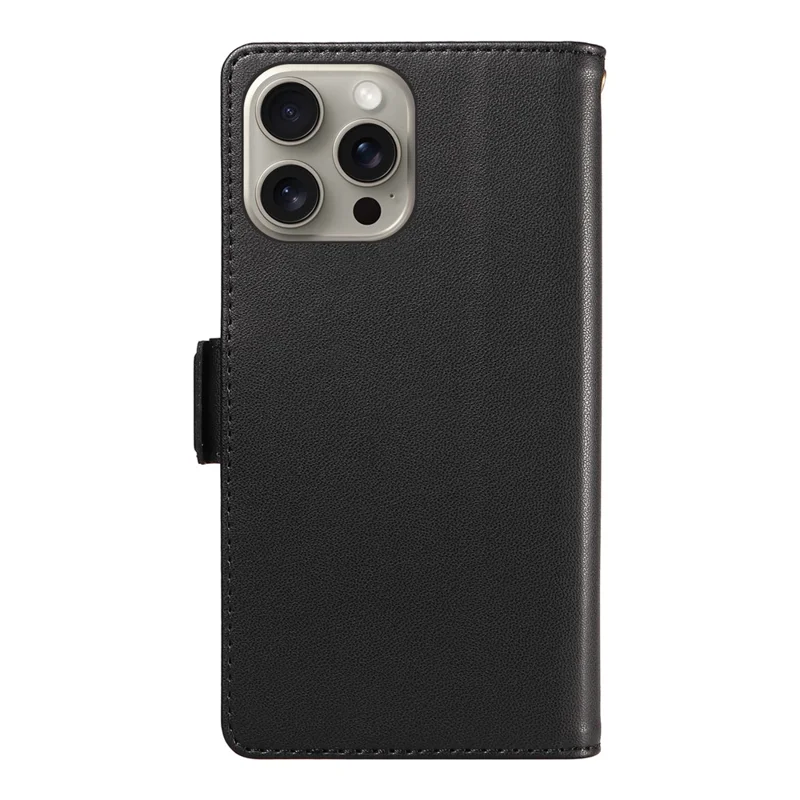 For iPhone 15 Pro Max Case with Multi-Card Holder and Strap PU Leather Phone Cover Stand - Black