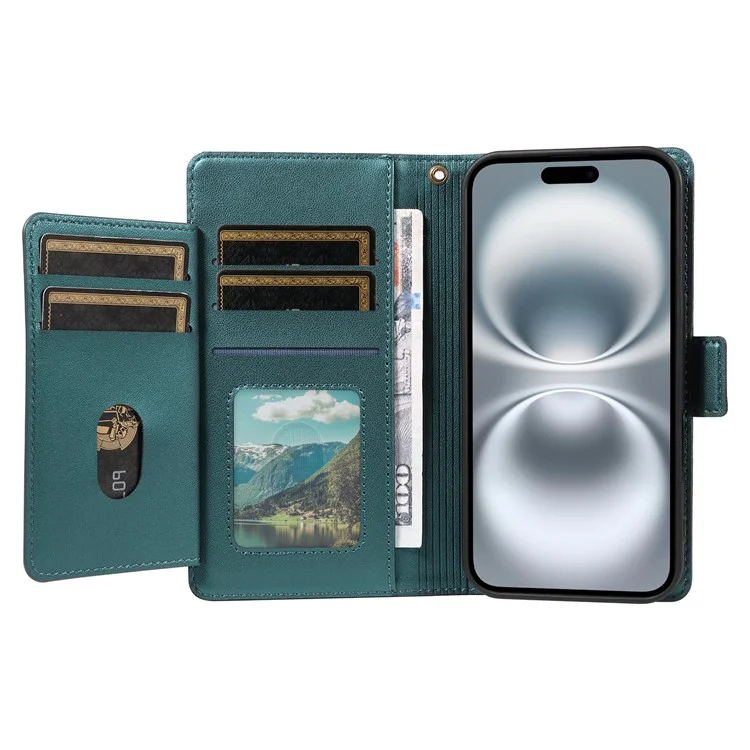 For iPhone 16 Case with Multi-Card Holder and Strap PU Leather Phone Cover Stand - Green