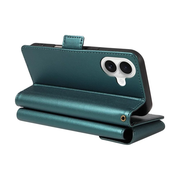 For iPhone 16 Case with Multi-Card Holder and Strap PU Leather Phone Cover Stand - Green