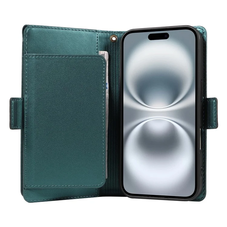 For iPhone 16 Case with Multi-Card Holder and Strap PU Leather Phone Cover Stand - Green