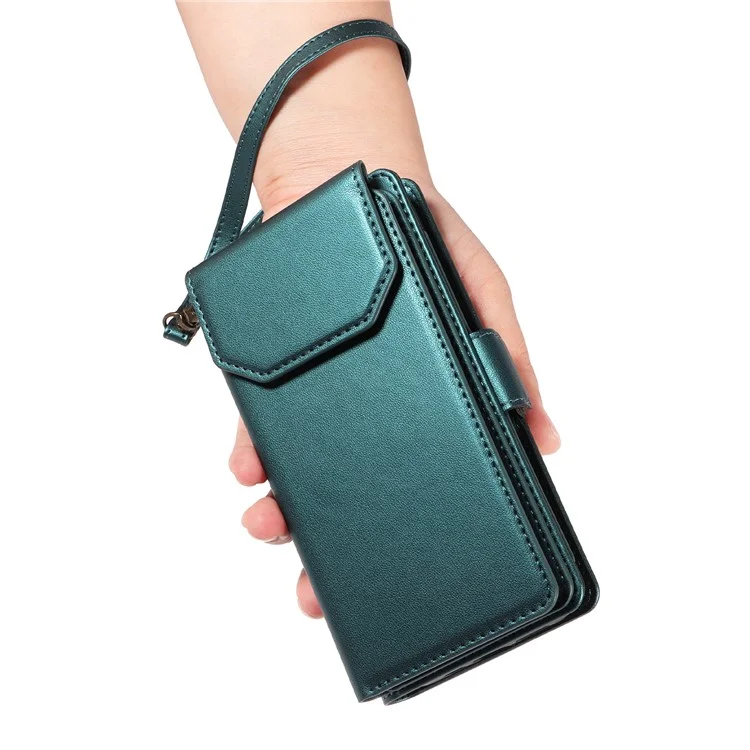 For iPhone 16 Case with Multi-Card Holder and Strap PU Leather Phone Cover Stand - Green