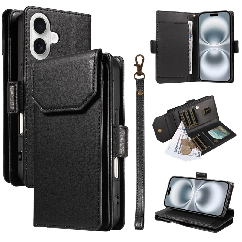 For iPhone 16 Case with Multi-Card Holder and Strap PU Leather Phone Cover Stand - Black