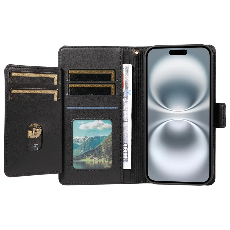 For iPhone 16 Case with Multi-Card Holder and Strap PU Leather Phone Cover Stand - Black