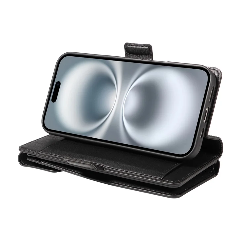 For iPhone 16 Case with Multi-Card Holder and Strap PU Leather Phone Cover Stand - Black