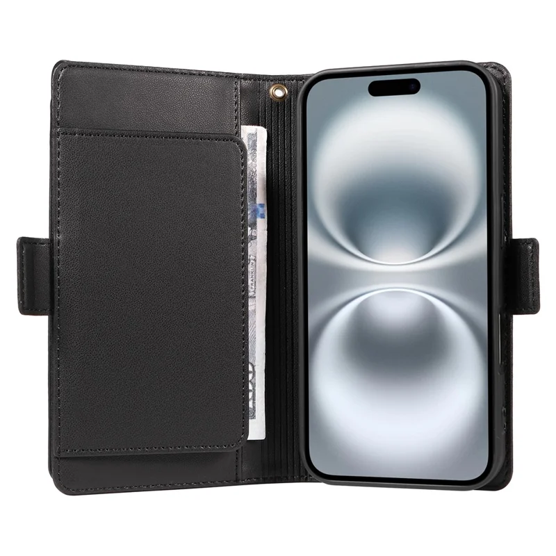 For iPhone 16 Case with Multi-Card Holder and Strap PU Leather Phone Cover Stand - Black