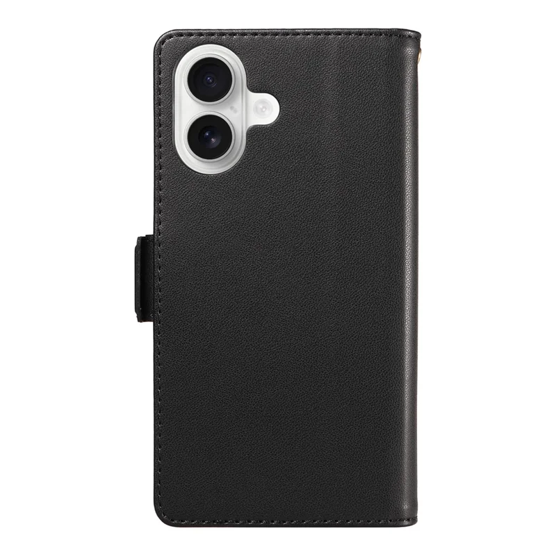 For iPhone 16 Case with Multi-Card Holder and Strap PU Leather Phone Cover Stand - Black