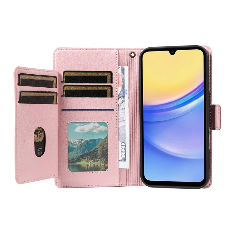 For Samsung Galaxy A15 5G / A15 4G Case with Multi-Card Holder and Strap PU Leather Phone Cover Stand - Rose Gold