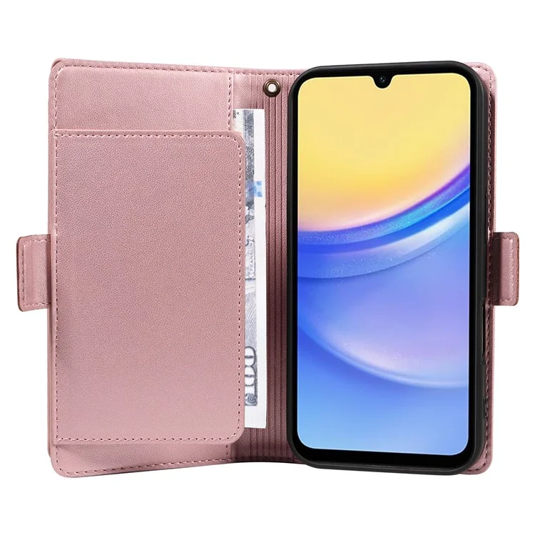 For Samsung Galaxy A15 5G / A15 4G Case with Multi-Card Holder and Strap PU Leather Phone Cover Stand - Rose Gold