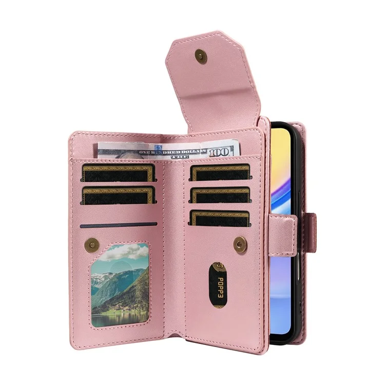For Samsung Galaxy A15 5G / A15 4G Case with Multi-Card Holder and Strap PU Leather Phone Cover Stand - Rose Gold