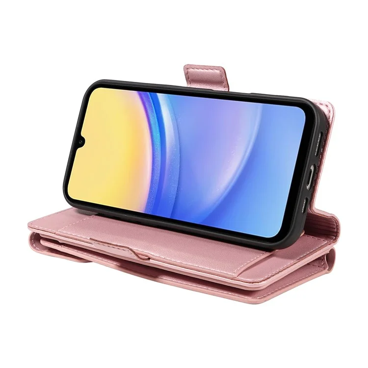 For Samsung Galaxy A15 5G / A15 4G Case with Multi-Card Holder and Strap PU Leather Phone Cover Stand - Rose Gold
