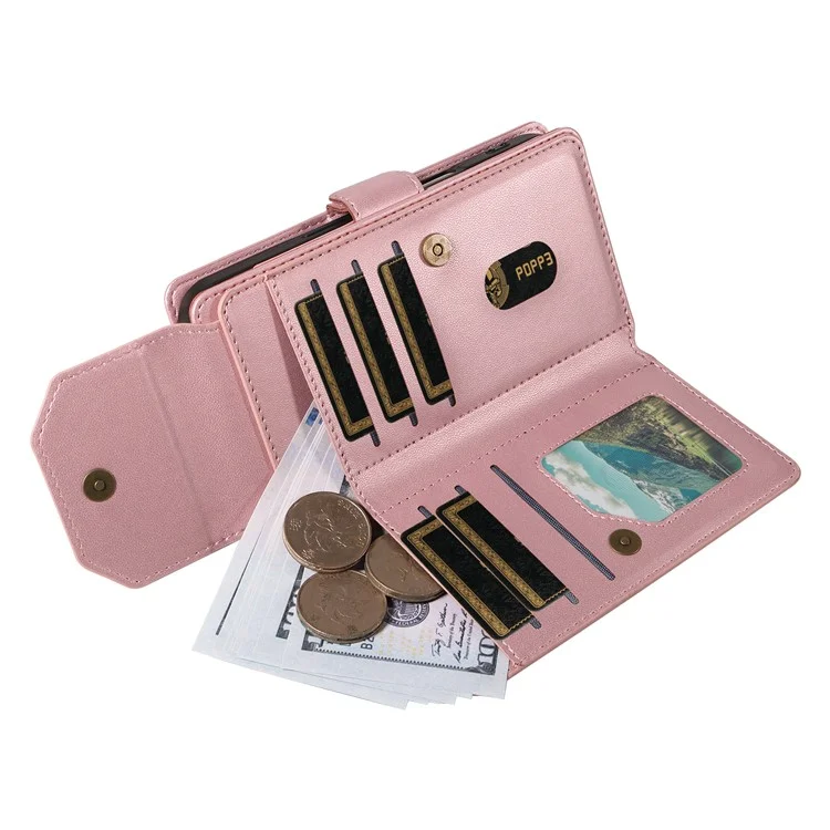 For Samsung Galaxy A15 5G / A15 4G Case with Multi-Card Holder and Strap PU Leather Phone Cover Stand - Rose Gold
