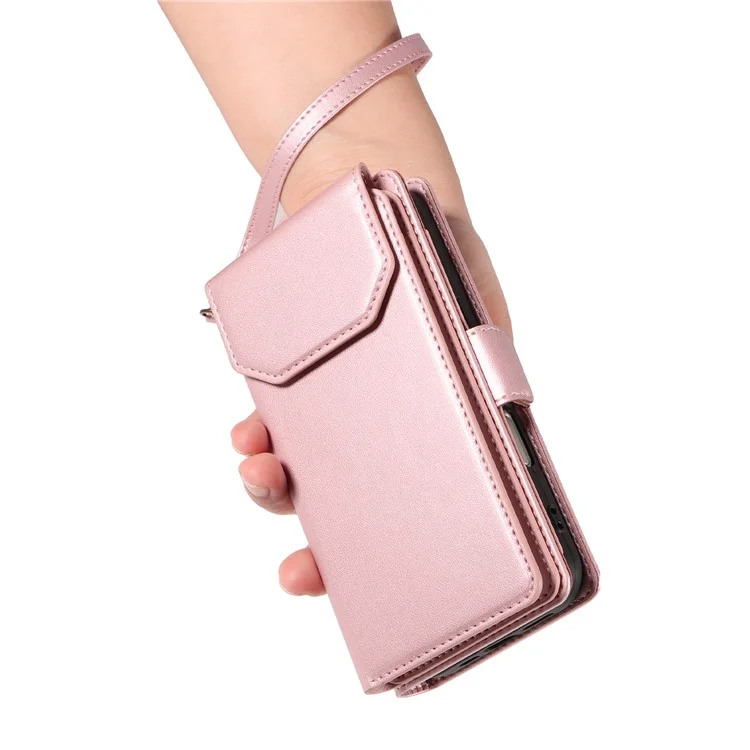For Samsung Galaxy A15 5G / A15 4G Case with Multi-Card Holder and Strap PU Leather Phone Cover Stand - Rose Gold