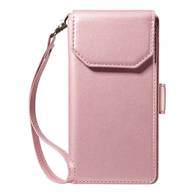 For Samsung Galaxy A15 5G / A15 4G Case with Multi-Card Holder and Strap PU Leather Phone Cover Stand - Rose Gold