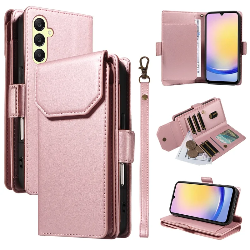 For Samsung Galaxy A25 5G (Global) Case with Multi-Card Holder and Strap PU Leather Phone Cover Stand - Rose Gold