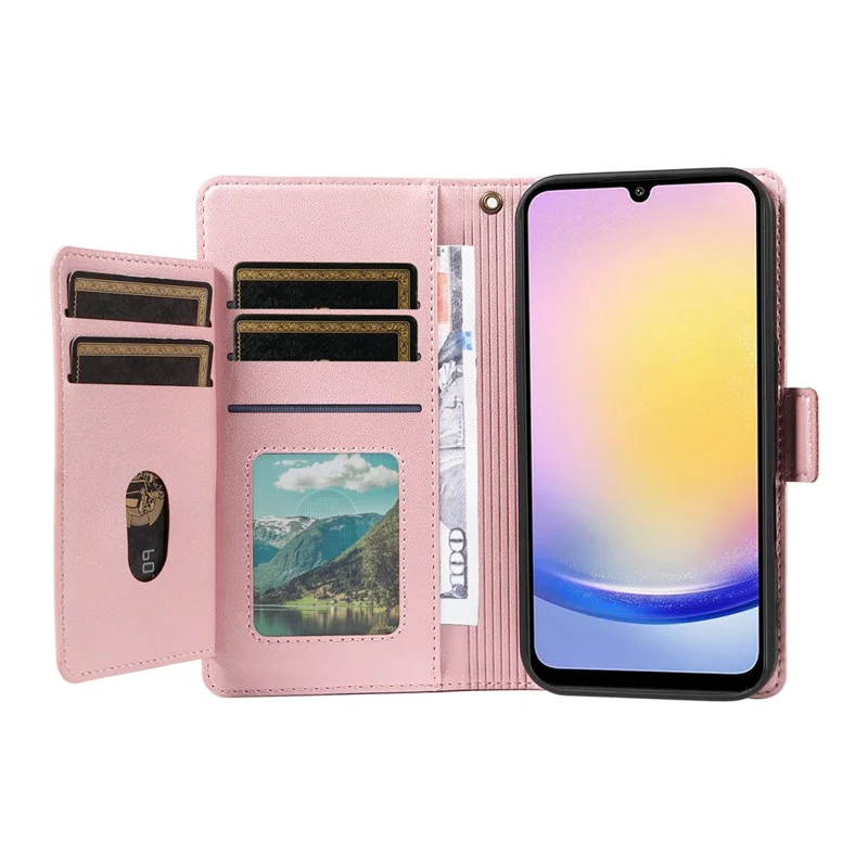 For Samsung Galaxy A25 5G (Global) Case with Multi-Card Holder and Strap PU Leather Phone Cover Stand - Rose Gold