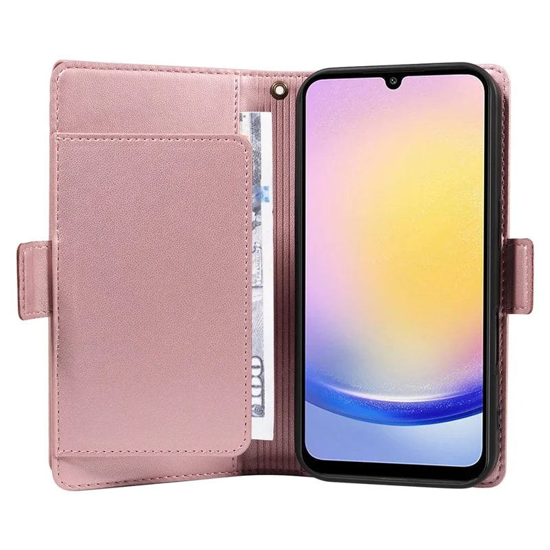 For Samsung Galaxy A25 5G (Global) Case with Multi-Card Holder and Strap PU Leather Phone Cover Stand - Rose Gold