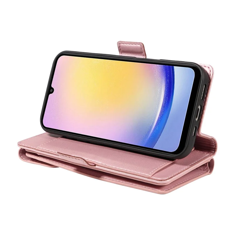 For Samsung Galaxy A25 5G (Global) Case with Multi-Card Holder and Strap PU Leather Phone Cover Stand - Rose Gold
