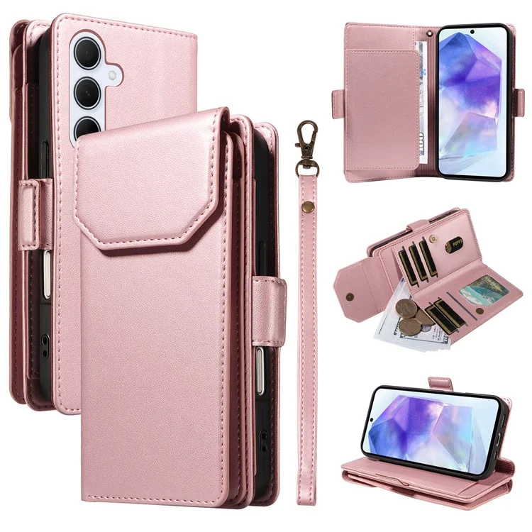 For Samsung Galaxy A55 5G Case with Multi-Card Holder and Strap PU Leather Phone Cover Stand - Rose Gold