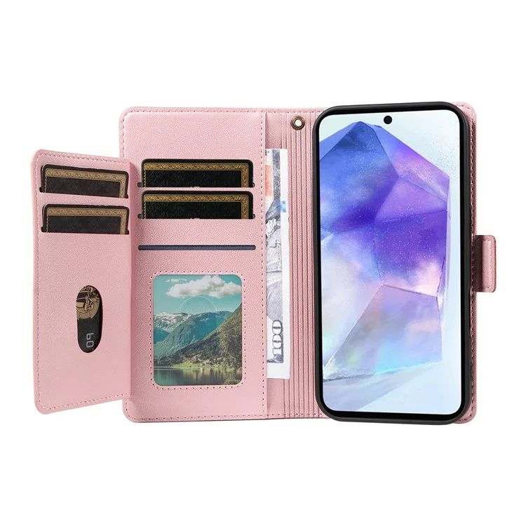 For Samsung Galaxy A55 5G Case with Multi-Card Holder and Strap PU Leather Phone Cover Stand - Rose Gold
