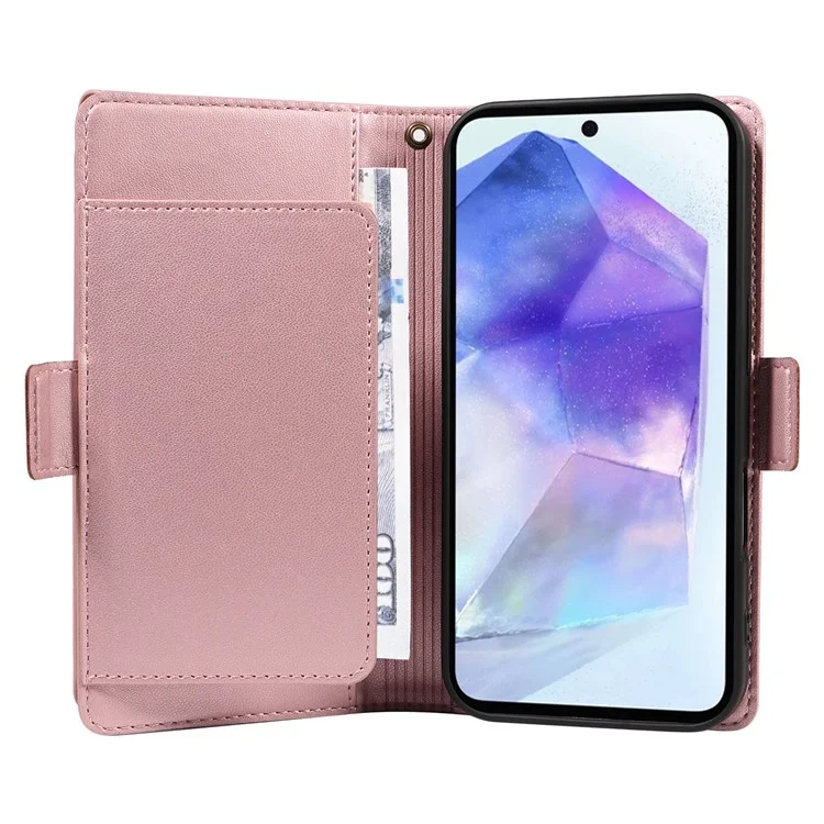 For Samsung Galaxy A55 5G Case with Multi-Card Holder and Strap PU Leather Phone Cover Stand - Rose Gold