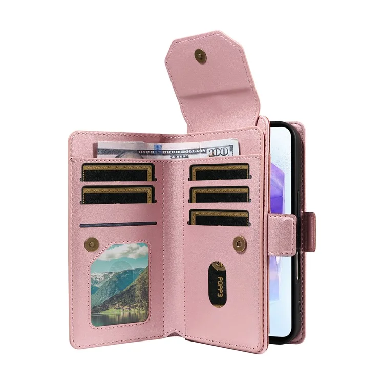 For Samsung Galaxy A55 5G Case with Multi-Card Holder and Strap PU Leather Phone Cover Stand - Rose Gold