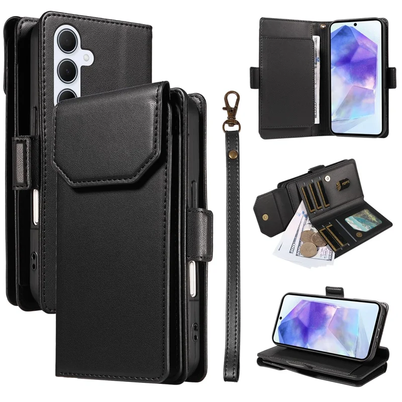 For Samsung Galaxy A55 5G Case with Multi-Card Holder and Strap PU Leather Phone Cover Stand - Black